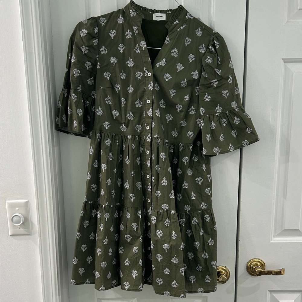 Green Paisley Block Print Ruffle Midi Dress